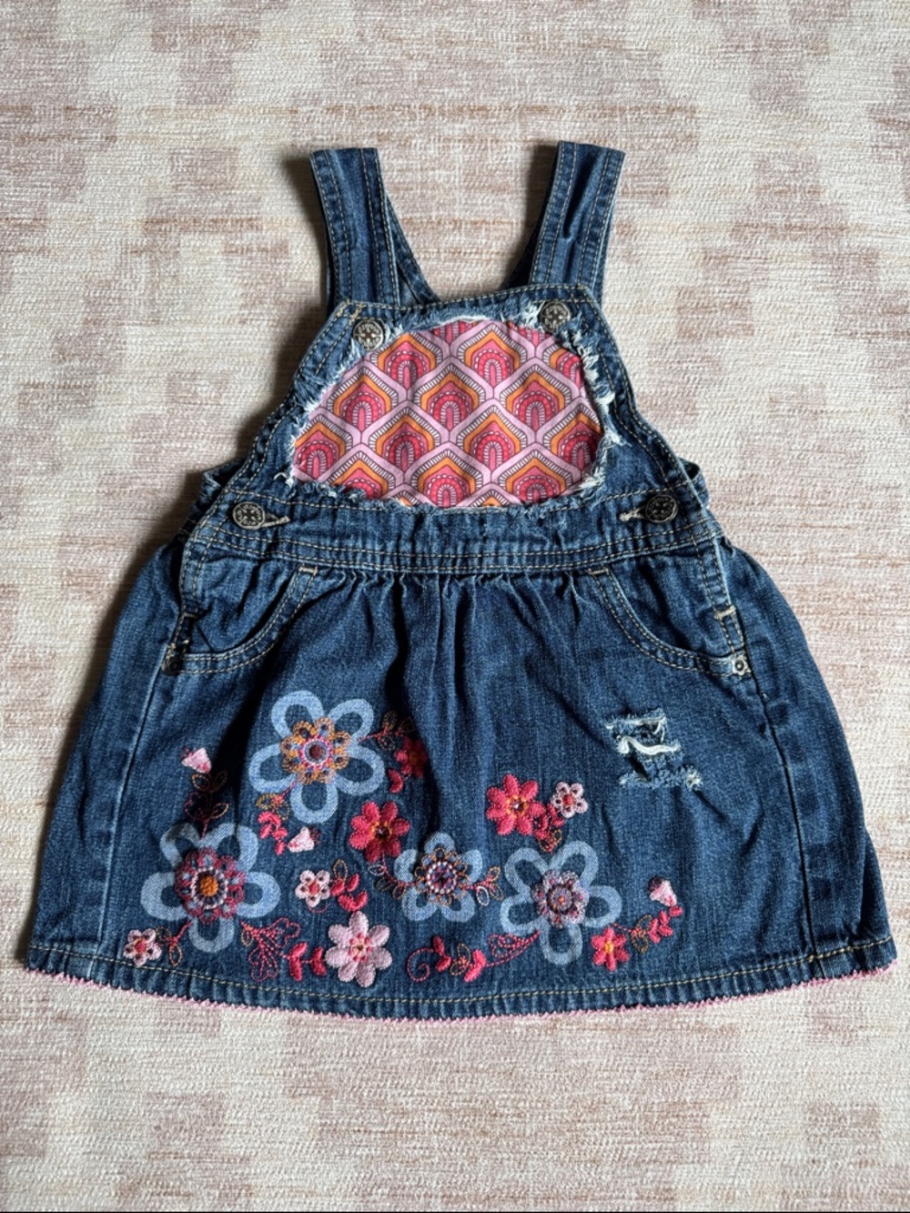 OshKosh B'gosh Denim Skirt Overall Jumper with Pink Patterned Bib size 18M